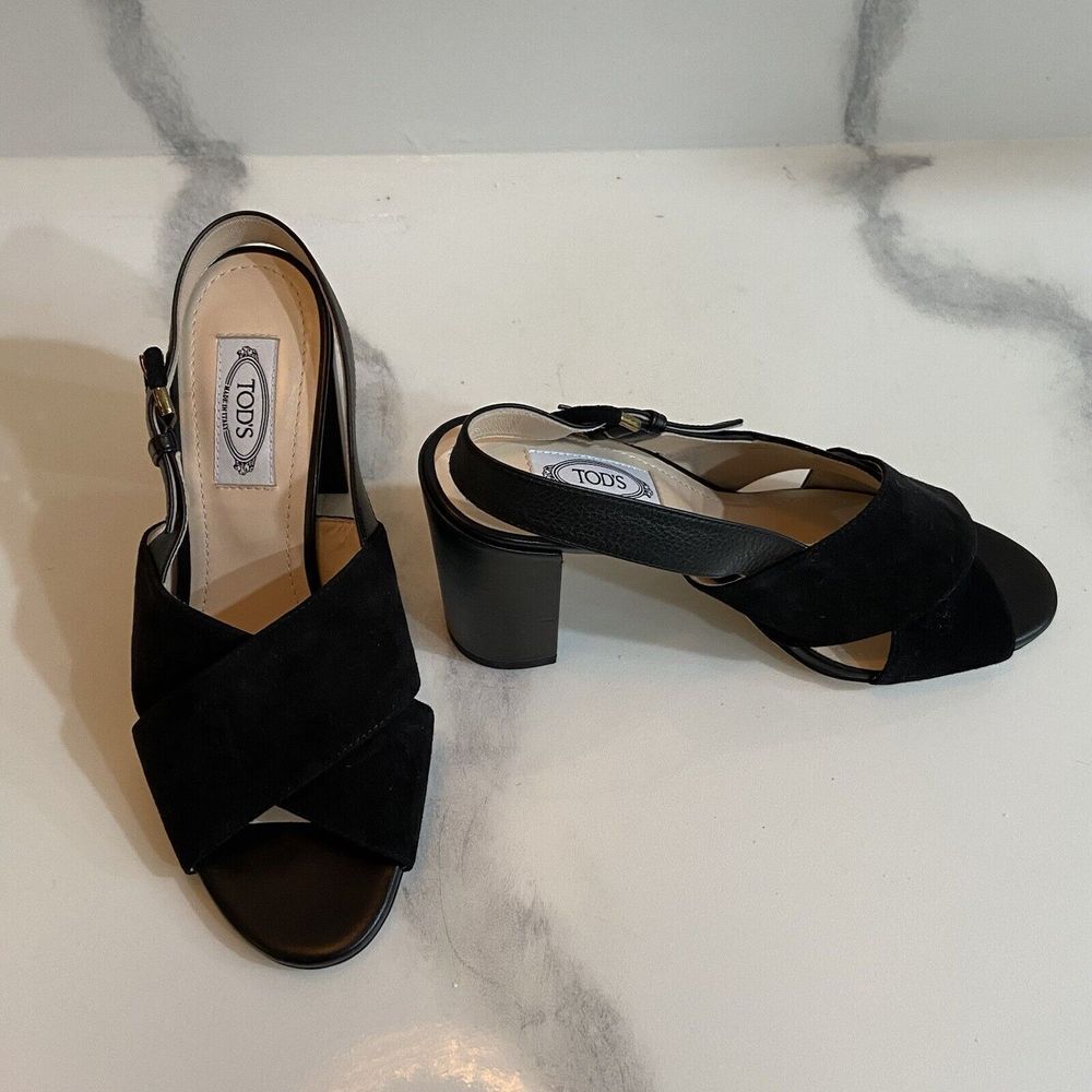 Tod's Pump Heels Sandals Cuoio Slingback Strap Open Toe Black Block EU 37 US 7